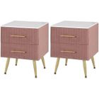 WOLTU Lot de 2 Table de Chevet avec 2 Tiroirs en Velours Table de Nuit en MDF Meuble pour Chambre Pieds doré, 40,5x41x51cm,Rose