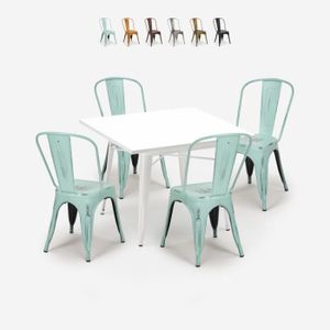 Ensemble table et chaise de jardin Lot de 4 chaises industrielles table métal style tolix 80x80cm blanc State White - couleur:Turquoise
