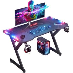 HLONONE LED Bureau Gaming 120 x 60 cm, avec Porte-gobelet et Crochet pour Casque, Table Gaming Noire