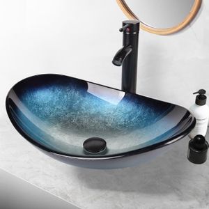 LAVABO - VASQUE Lavabo Vasque en Verre - PULUOMIS - Avec Robinetterie - Bleu - Ovale - 53 cm x 35 cm