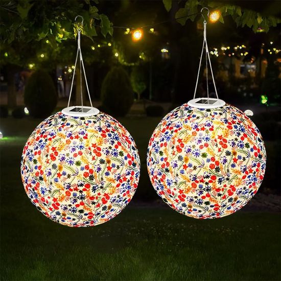 Lampions Solaires Extérieur 2 Pièces 30cm - Lanterne Jardin LED Résistante Intempéries Nylon Vintage