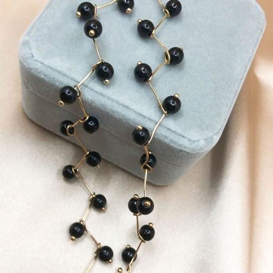 Collier Vintage Années 70 Perle Noire Et Cristal - Bijou Rétro *3686