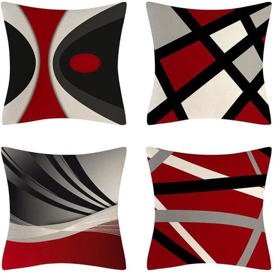 4 pièces Housse de coussin en Noir Rouge Motif géométrique Housse de coussin 45x45cm[720]