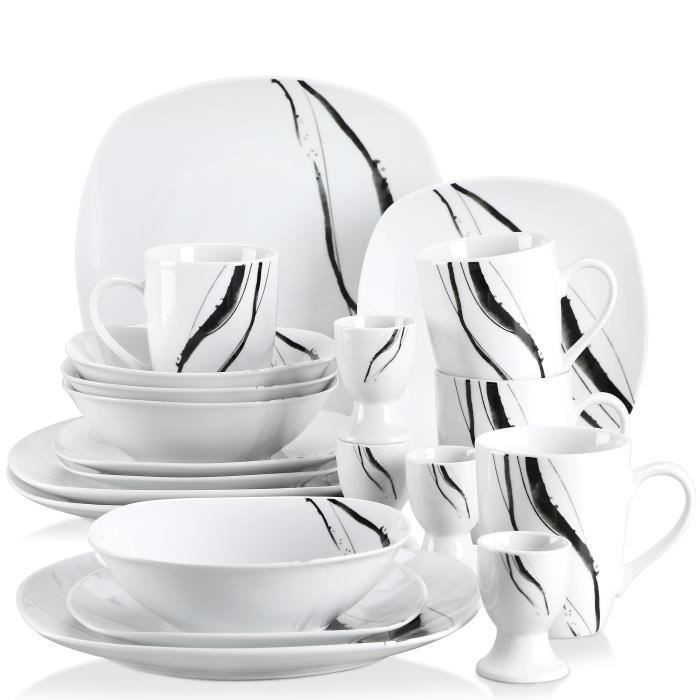 Veweet TERESA 20pcs Service de Table 4pcs 9.75- Assiette Plate, 7.5- Assiette à Dessert, 6.7- Bol, 360ML Mug, Coquetier Porcelaine