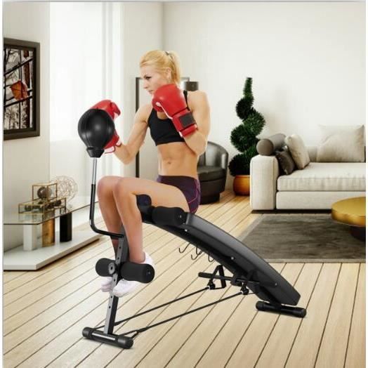 GYMAX Banc Réglable pour Abdominaux, Banc de Musculation Pliable avec Speed Ball, 2 Sangles de Traction et Coussin en PU, Noir