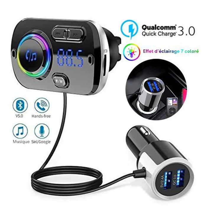 Transmetteur FM Bluetooth 5.0 avec une cable de 3 en 1 Adaptateur Bluetooth Voiture FM Voiture Chargeur Dual USB Ports QC3.0 &5V/2.