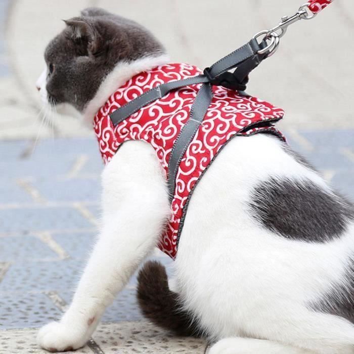 Gilet rembourré avec harnais pour chat avec laisse ajustable pour chat qui marche (Rouge XS)