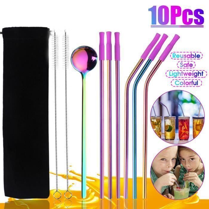 3 Pailles Courbée + 3 Pailles Droites + 2 Brosse de Nettoyage + Cuillère en Acier Inoxydable Bo16443