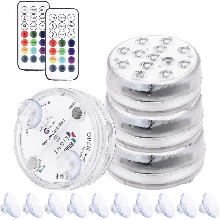Lumière LED Submersible, Éclairage IP68 Étanche 16 RGB Couleurs avec Télécommande Ventouses, pour Aquariums, Piscines, Étangs (4 Piè