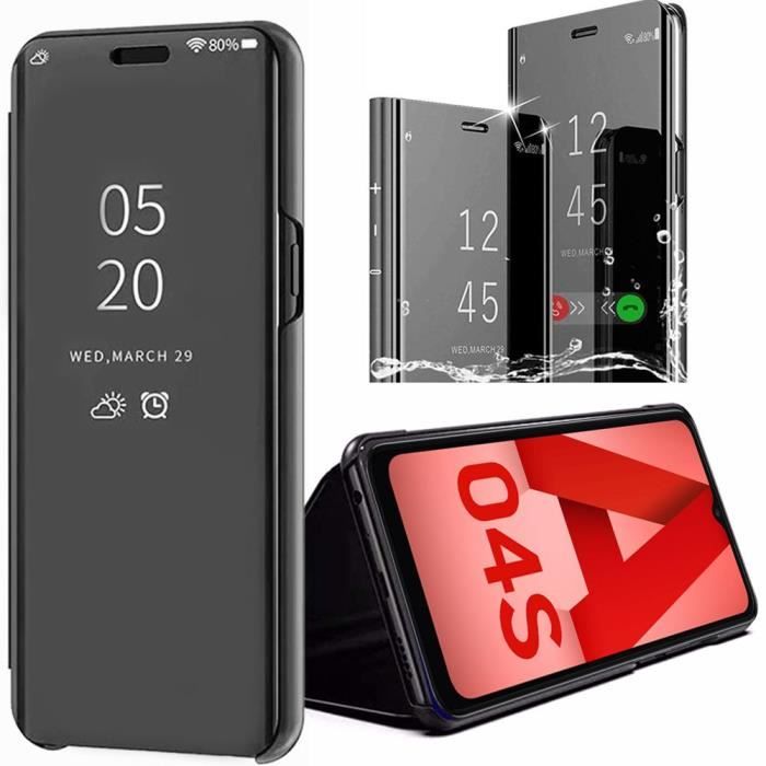 Coque Rabat pour Samsung A04s Clear View Support Noir, Anti-choc