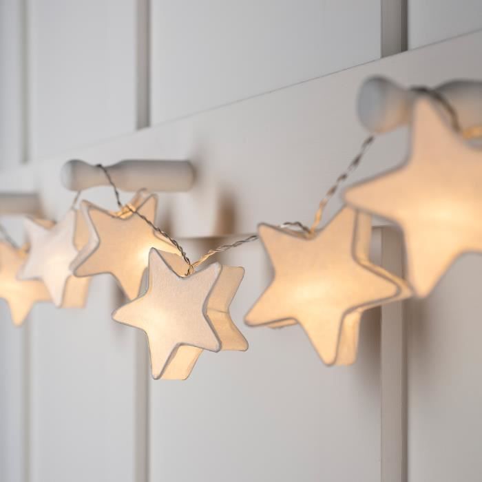 Guirlande Lumineuse 10 Étoiles en Papier Blanc avec LED Blanc Chaud à Piles