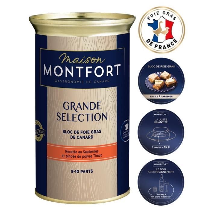 MAISON MONTFORT Bloc de foie gras de canard Grande sélection - Boîte de 330 g - Recette au Sauternes et pincée de poivre Timut