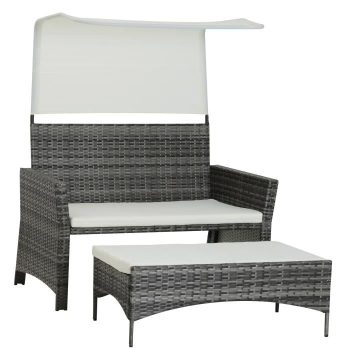 Canapé de jardin grand confort pare-soleil intégré repose-pied résine tressée imitation rotin gris chiné coussins écru 126x75x150cm