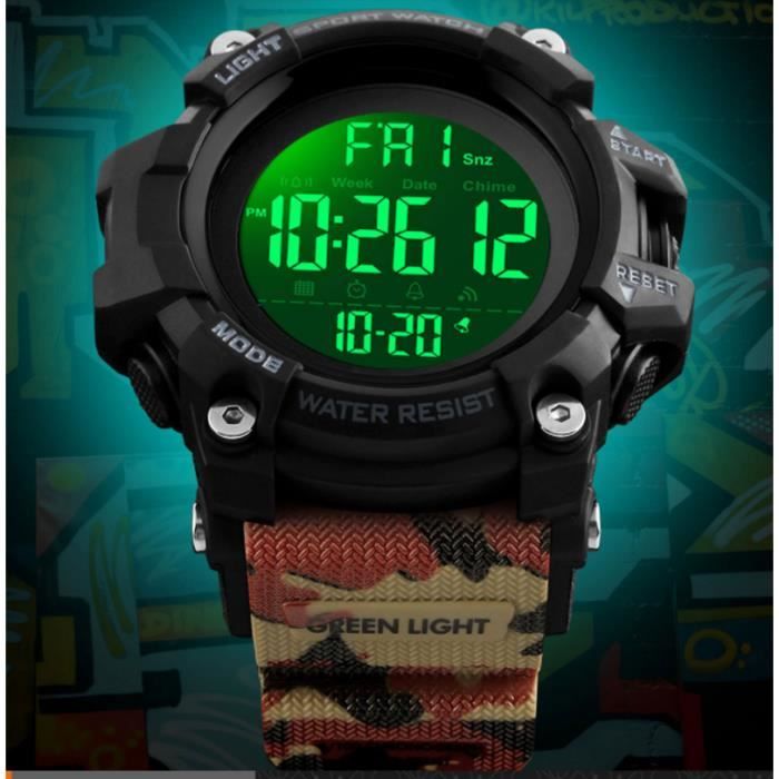 Montres Hommes Sport LED numérique étanche chronographe Cadeau de Noël Militaire Rouge camouflage