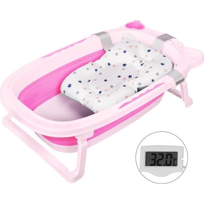 SINBIDE® Baignoire pliable bébé pliante évolutive + Coussin de bain, avec Thermomètre ROSE