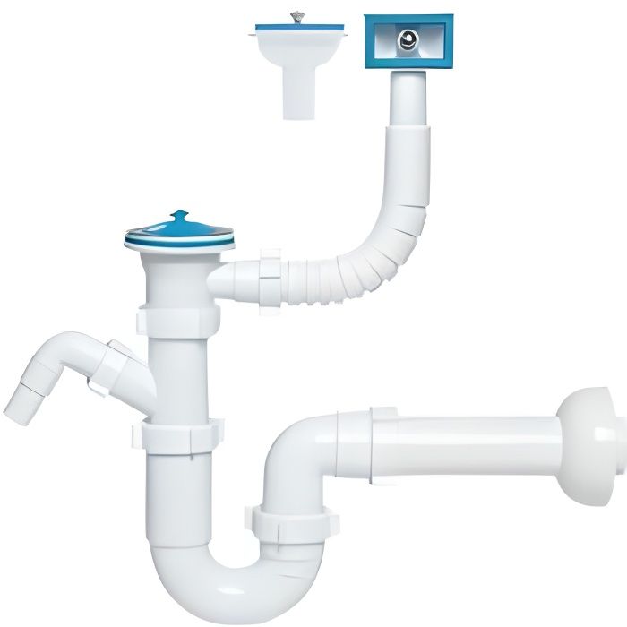 Siphon tubulaire pour évier un bac, 70 mm, trop plein rectang verticale / horizontale, sortie machine à laver / lave-vaisselle