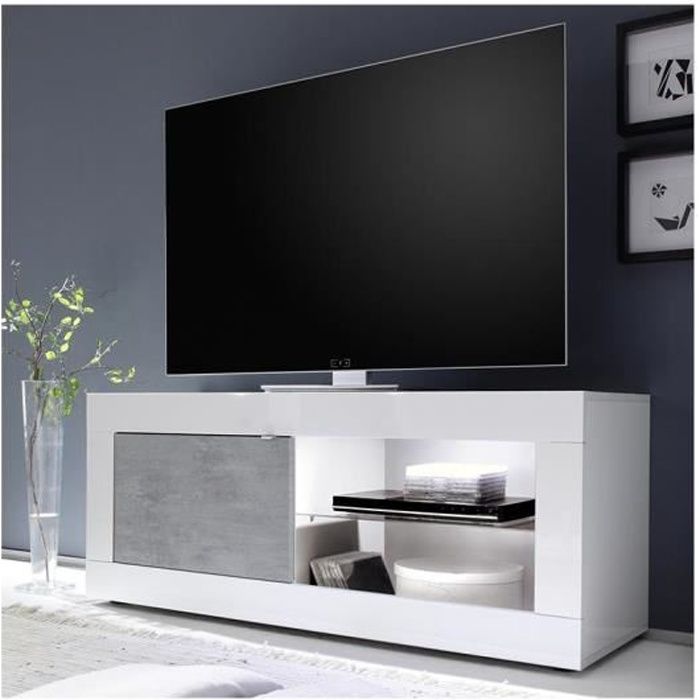 Meuble TV COMETE - LEDs - 1 Porte & 1 niche - Blanc laqué et béton