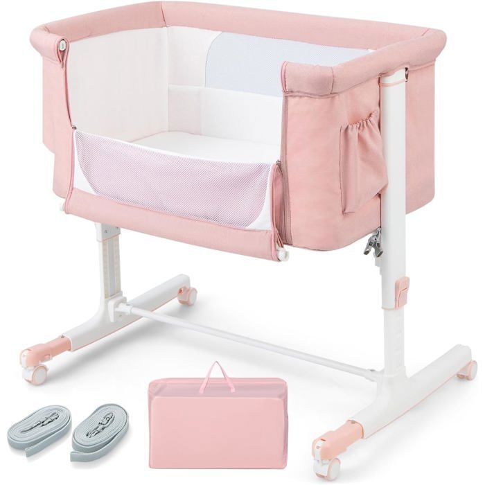 DREAMADE 3 en 1 Lit Cododo à 5Hauteurs Réglables Lit de Voyage Portable Berceau Bébé en Maille Respirante pour Bébé 0-6Mois Rose