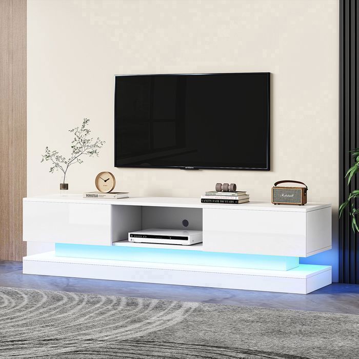 Meuble TV brillant avec 2 tiroirs pour téléviseur 60 pouces 160x35x40.5 cm - SWEIKO - Blamc Meuble TV brillant avec 2 tiroirs pour téléviseur 60 pouces 160x35x40.5 cm - SWEIKO - Blamc