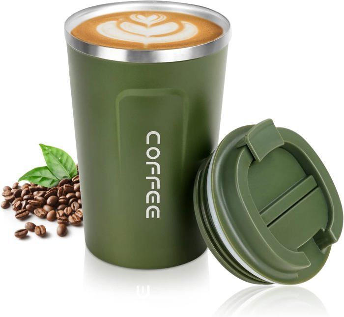 Tasse à café isotherme - 380 ml - Acier inoxydable - Double paroi - Étanche (Vert)