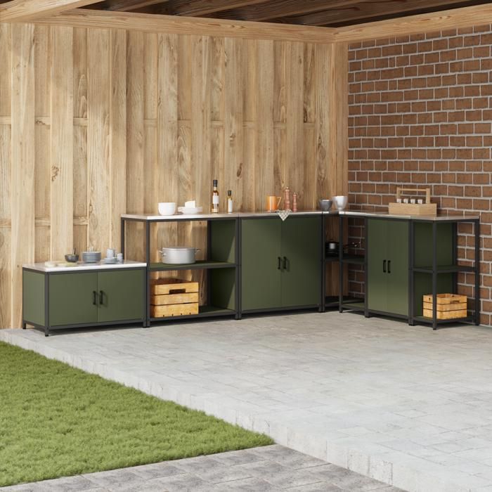SALE ELEMENTS Cuisine - Étagère de rangement de cuisine - Meuble Colonne Meuble Haut de cuisne avec étagère Vert olive Acier