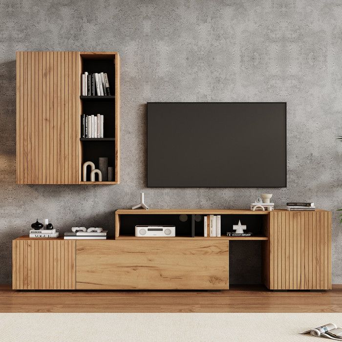 Meuble TV - Ensemble avec Vitrine (ensemble complet 2 pièces) - ensemble de meubles de salon - Couleur bois+noir