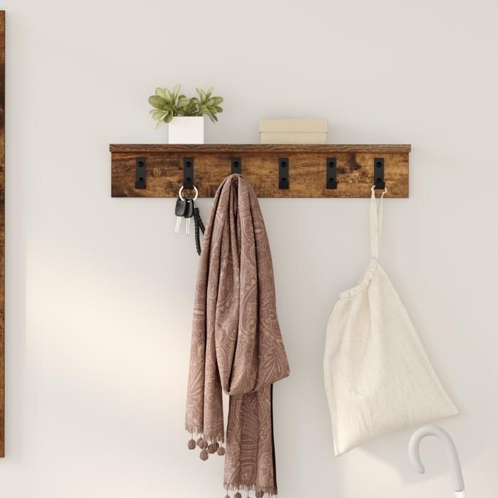 ESTINK® Porte-manteau mural - Style moderne - avec étagère Chêne fumé 60 x 10.5 x 10.5 cm @2297@