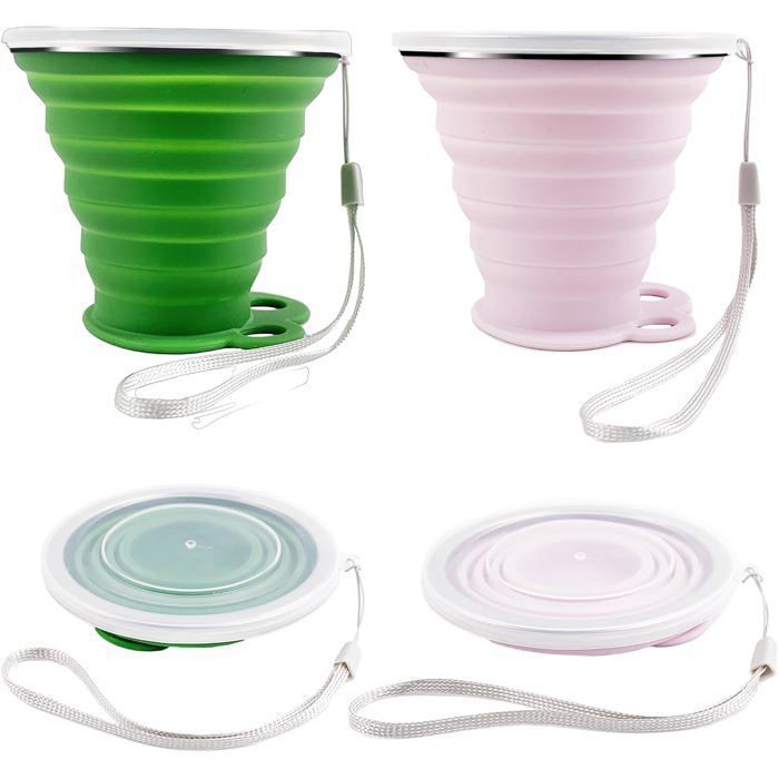 Gourde Pliable 2 Pièces 475 Ml – Silicone Souple Avec Paille, Tasse Nomade Anti-Fuite + Mousqueton – Bleu & Gris – Idéale Voyage, Sport & Rando