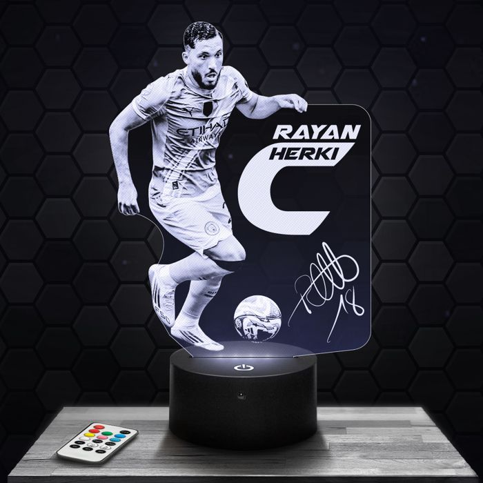 Lampe 3D - Rayan Cherki Manchester City - Accessoire Figurine Cadeau Rayan Cherki - Veilleuse Led Tactile avec socle au choix