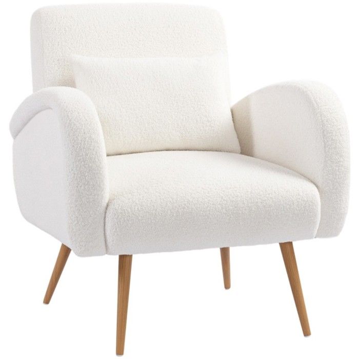 Fauteuil rembourré polaire crème avec coussin lombaire et pieds métal - Siège lecture confortable - Canapé salon déco