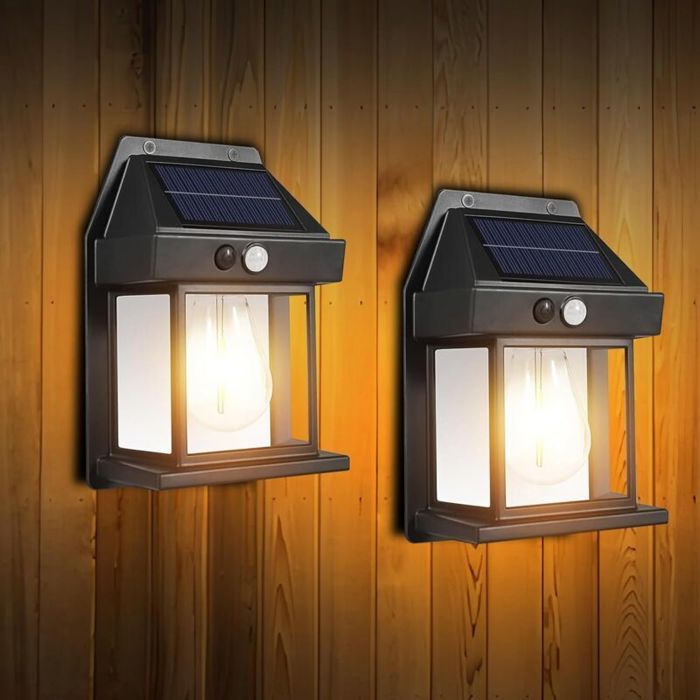 Lanterne murale solaire extérieure - PZCC - Lot de 2 - Détecteur 8m - 3 modes - Étanchéité IP65