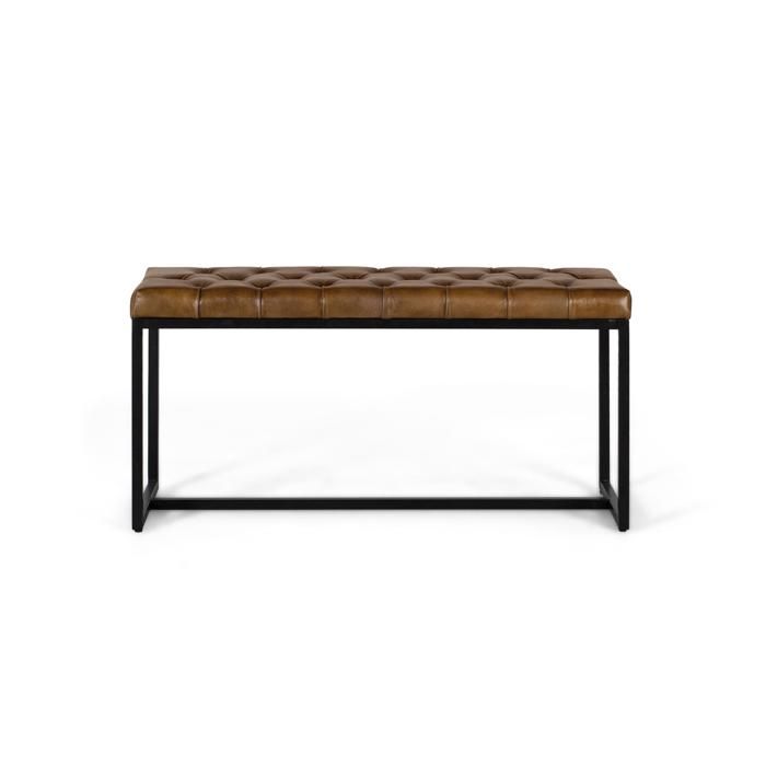 Banc dintérieur rembourré - Cuir marron - Pieds en fer noir - 47 cm de hauteur - 96 cm de longueur - 35 cm de largeur