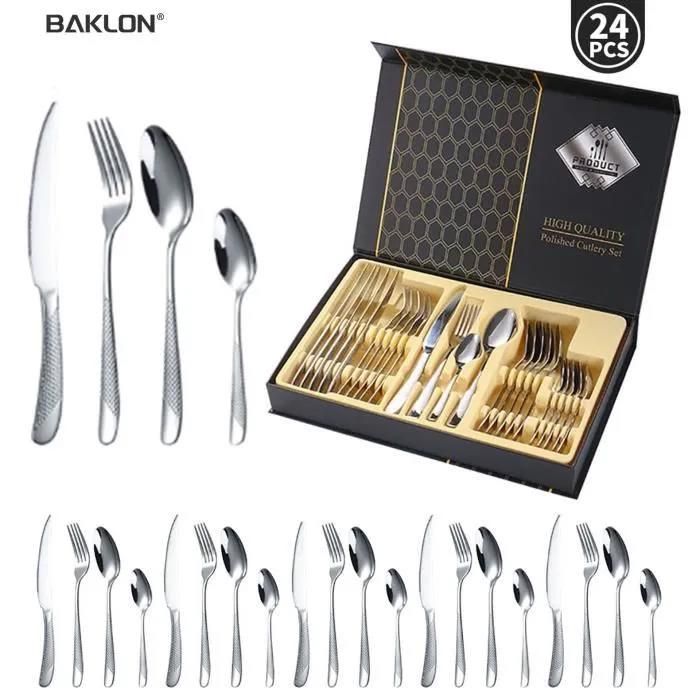 Ensemble de Couverts Ménagère 24 Pièces en Acier Inoxydable Pour 6 PersonnesVa Au Lave-VaisselleAvec Boîte-cadeau
