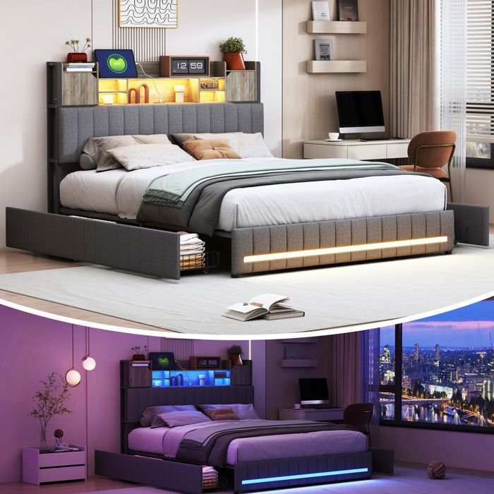 Lit 160x200 avec Sommier LED et USB/ Type-C Lit Coffre avec Rangement et Tete de Lit Sommier à Lattes et 4 Tiroirs Lin Gris