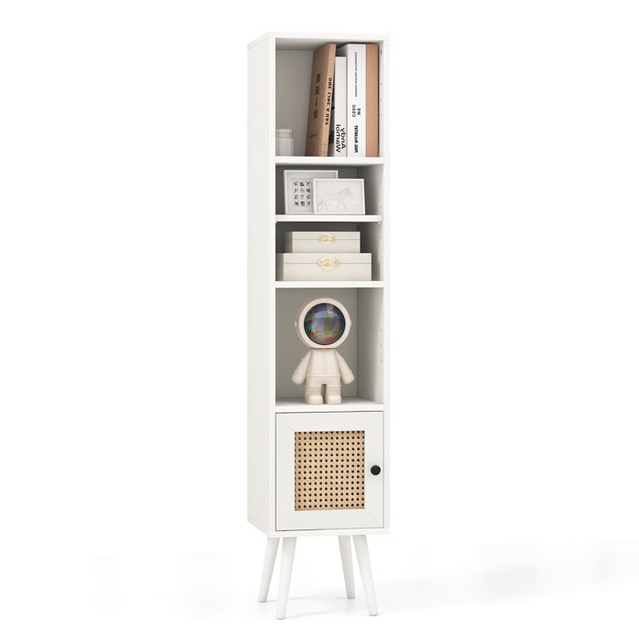 GIANTEX Bibliothèque Armoire de Rangement avec Porte en Rotin Étagère Réglable Pied en Bois de Pin 29 5 x 29 5 x 137 cm Blanc