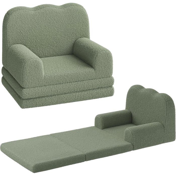 Canapé Enfant - LUNSY - fauteuil dépliable - canapé-lit 2 en 1 - avec housse amovible - Dossier à motif ondulé - vert
