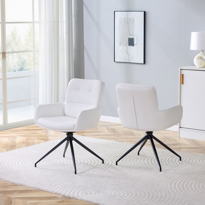 Chaise pivotante de luxe - Ensemble de 2 - Revêtement PU blanc - Pieds en métal noir - Pivotant à 360° - 55x50x85 cm