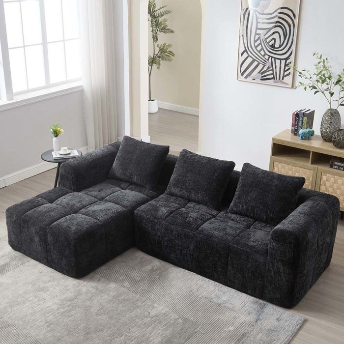Canapé modulaire - Chaise longue + canapé 2 places - Tissu chenille Snowflake - Livré monté - Noir