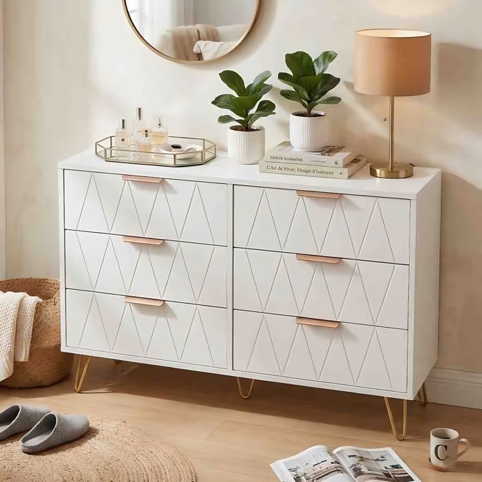 Commode 6 Tiroirs - Design Losange Relief - Grand Rangement - Panneaux de Particules Blanc