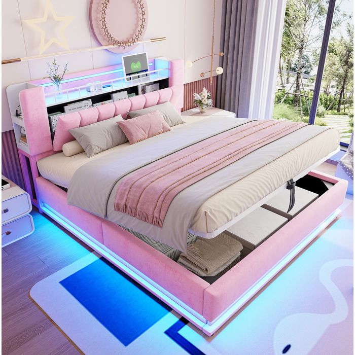 Lit coffre adulte 180x200 cm avec LED et ports USB coffre de rangement hydraulique structure stable tissu rose