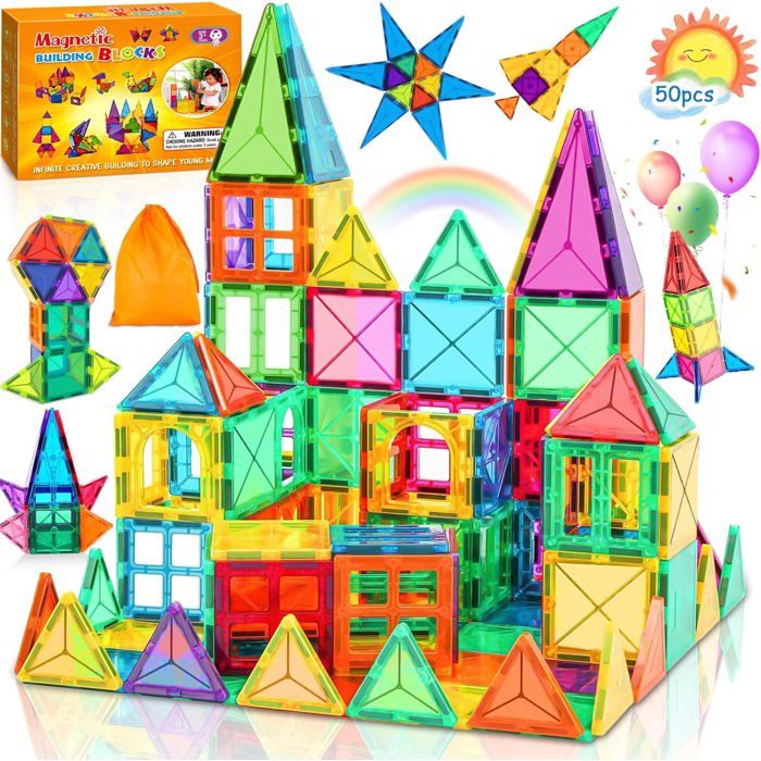 SaiXuan 50 Pièces De Construction Magnétique – Carrés Et Triangles Colorés, Aimants Puissants, Sac De Rangement Inclus, Idéal Dès 3 Ans, Cadeau éducatif Et Créatif
