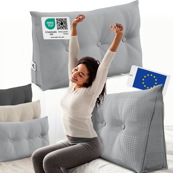 ELONEO coussin dossier lit 100 cm coussin triangulaire de lecture cale-dos avec housse lavable et poche latérale gris