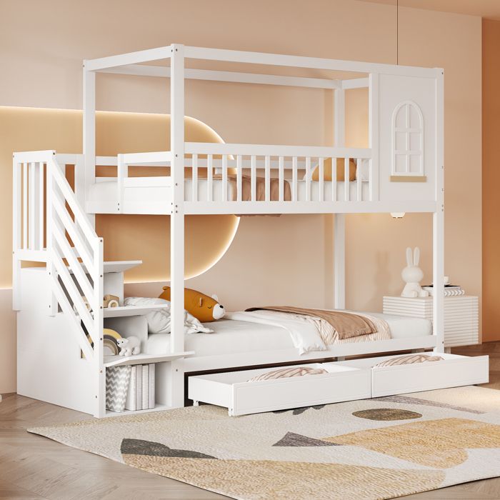 Lit superposé enfant 2 places 90×200 cm escalier avec tiroirs et barrière - YEAVIO - sans matelas bois - blanc