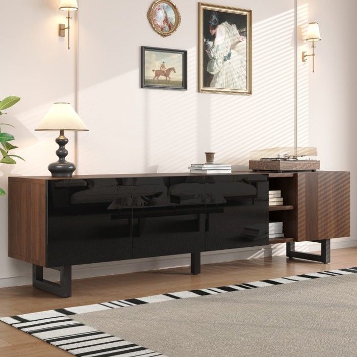 Meuble TV 180cm Support Télé 4 Portes avec Grain de Bois Vintage Design Moderne Minimaliste Buffet Bas Salon. 180x38x50cm.