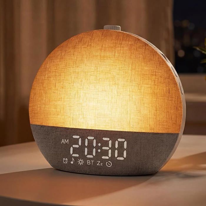 Réveil Lumineux Simulate Aube Eveil Lumière Reveil Matin Lampe de Chevet 30 Sons Natels 20 ux de Luminosité 17 Jaune