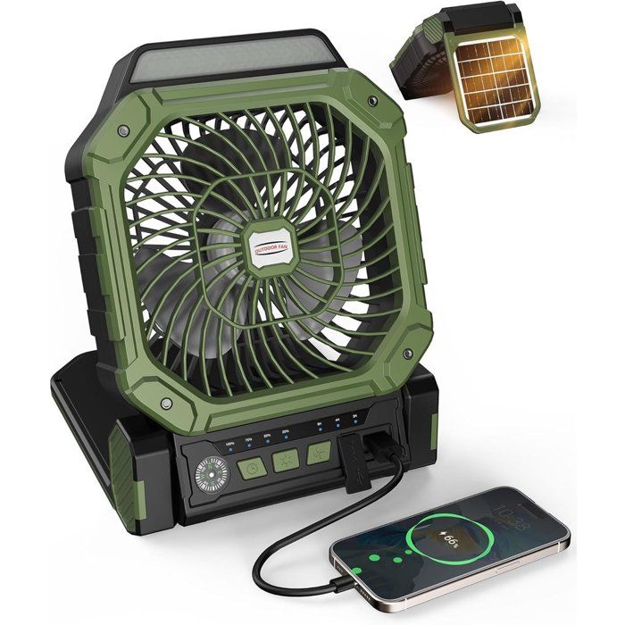 Ventilateur solaire avec batterie rechargeable - 4 vitesses + 3 lampes torches LED - Télécommande et minuterie (2/4/8 h) -