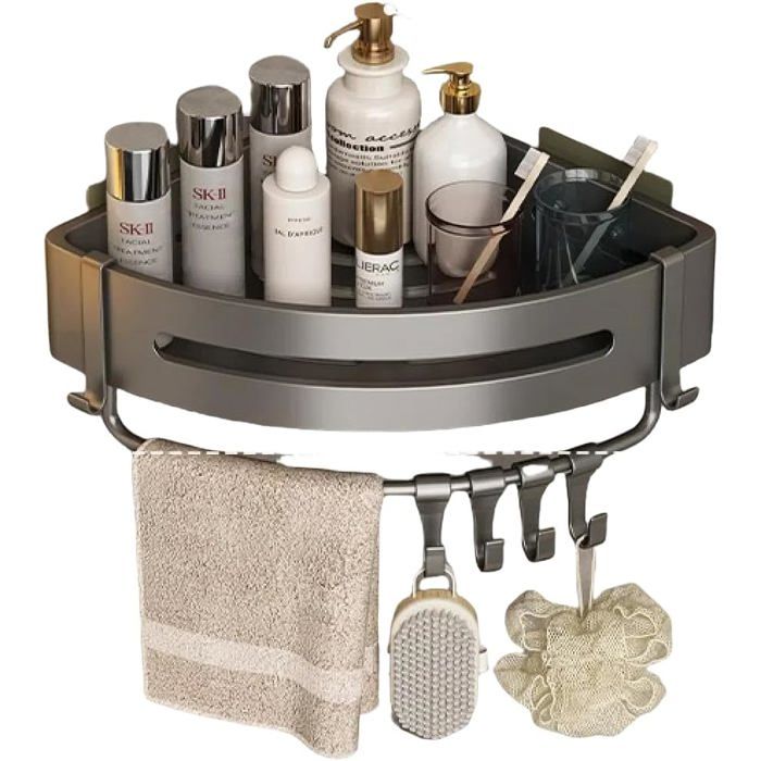 Étagère d’angle pour douche/salle de bain sans perçage auto-adhésive.Avec porte-serviettes crochets–rangement pour gel douche(gris)