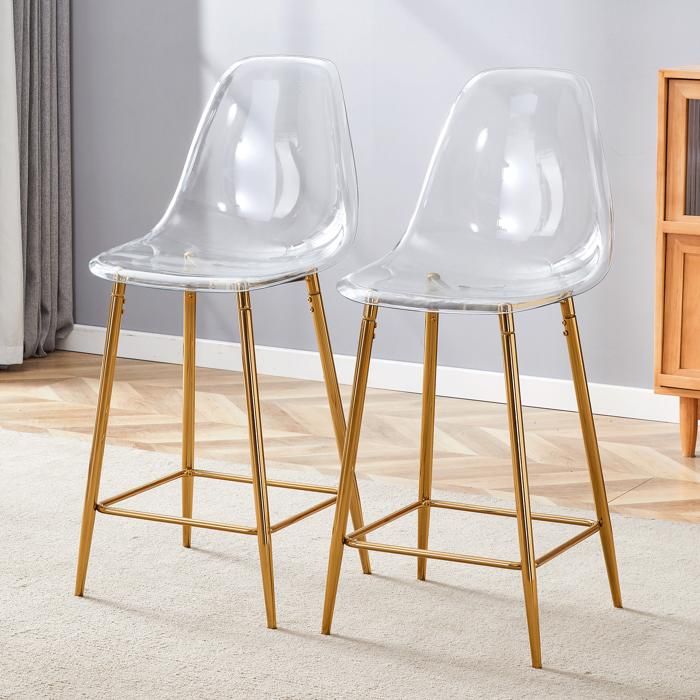 Ensemble de 2 tabourets de bar transparents 51x45x102 cm Or Plastique design moderne rangement pratique