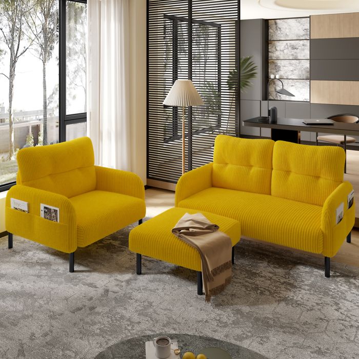 Ensemble canapé fauteuil et pouf - Jaune moutarde - Velours côtelé - Profonde assise - Dossier ergonomique