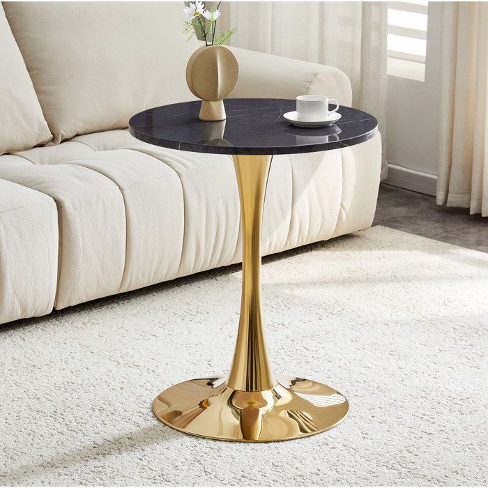 SENVIRO table d appoint ronde effet marbre noir pied central doré 72cm noir et or
